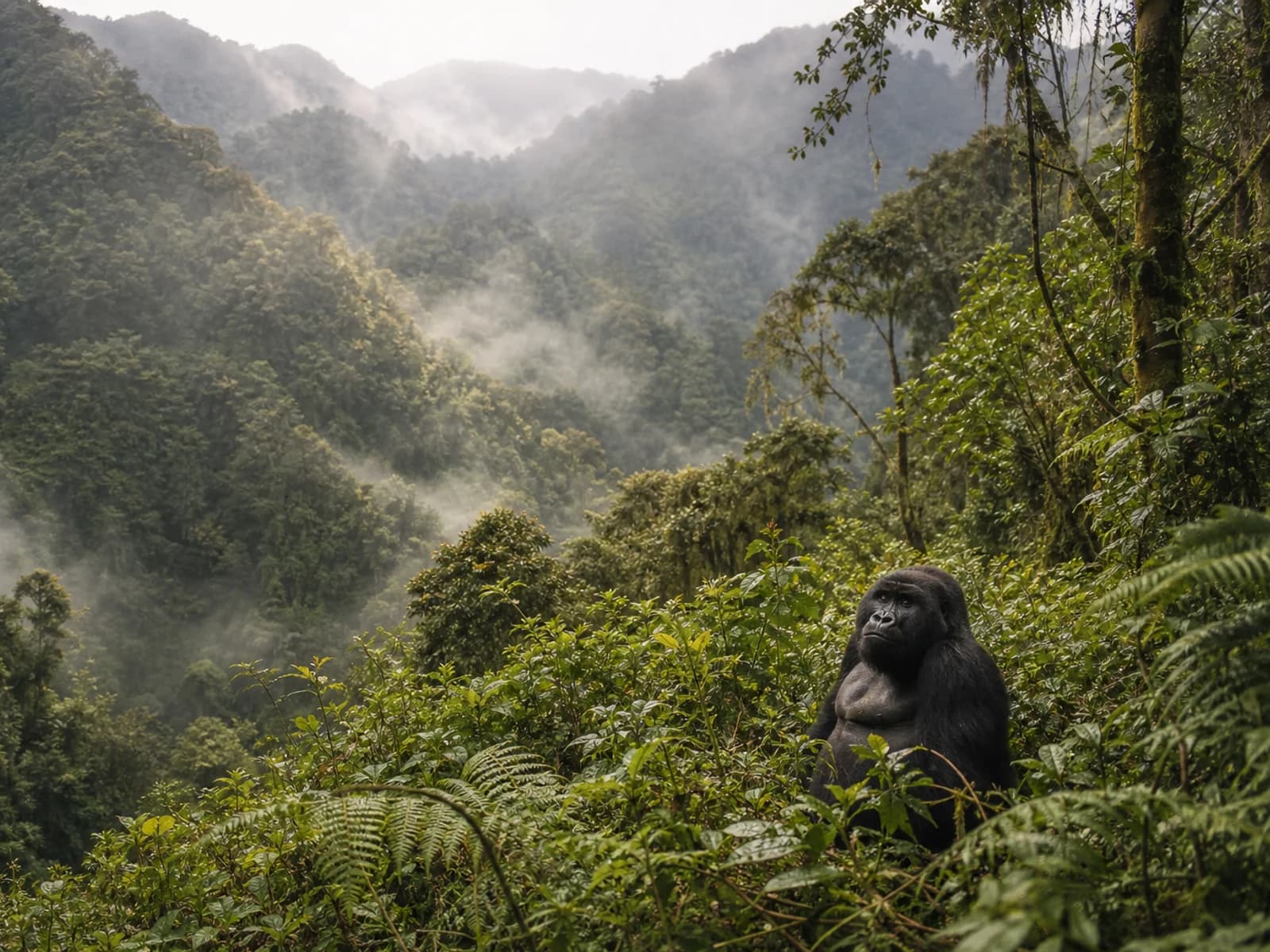 Safari Atlas generated view of Bwindi Impenetrable National Park using verified context: forest, gorilla, mountain.